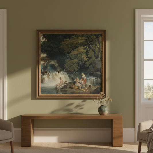 Nymphs Bathing – Salmon Leap at Leixlip (1783) by Francis Wheatley displayed in an elegant Irish period-home living room