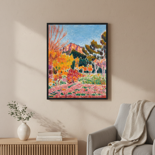 Landscape Cassis by Roderic O'Conor framed in black on a beige wall above a sideboard beside an armchair