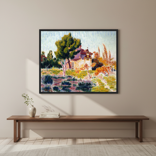 La Rose du Ciel, Cassis framed print in a black frame above a wooden bench in a beige room