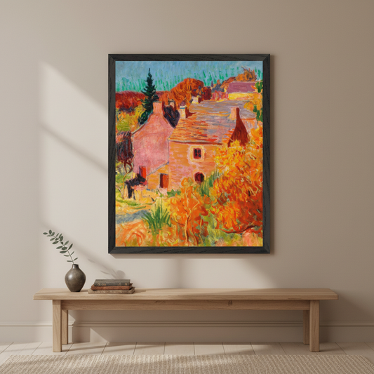 Maisons Rouges à Pont-Aven by Roderic O'Conor framed print in a black frame above a wooden bench