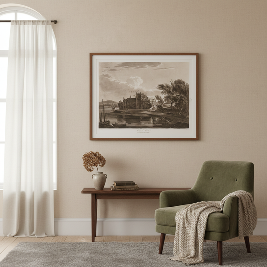 Carrick Castle aquatint print in a dark wood frame above a side table and a green armchair
