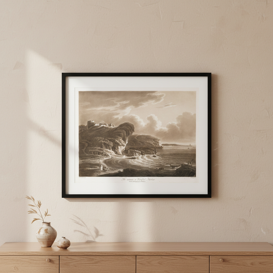 The Entrance to Waterford Harbour aquatint in a black frame with white mount above an oak sideboard