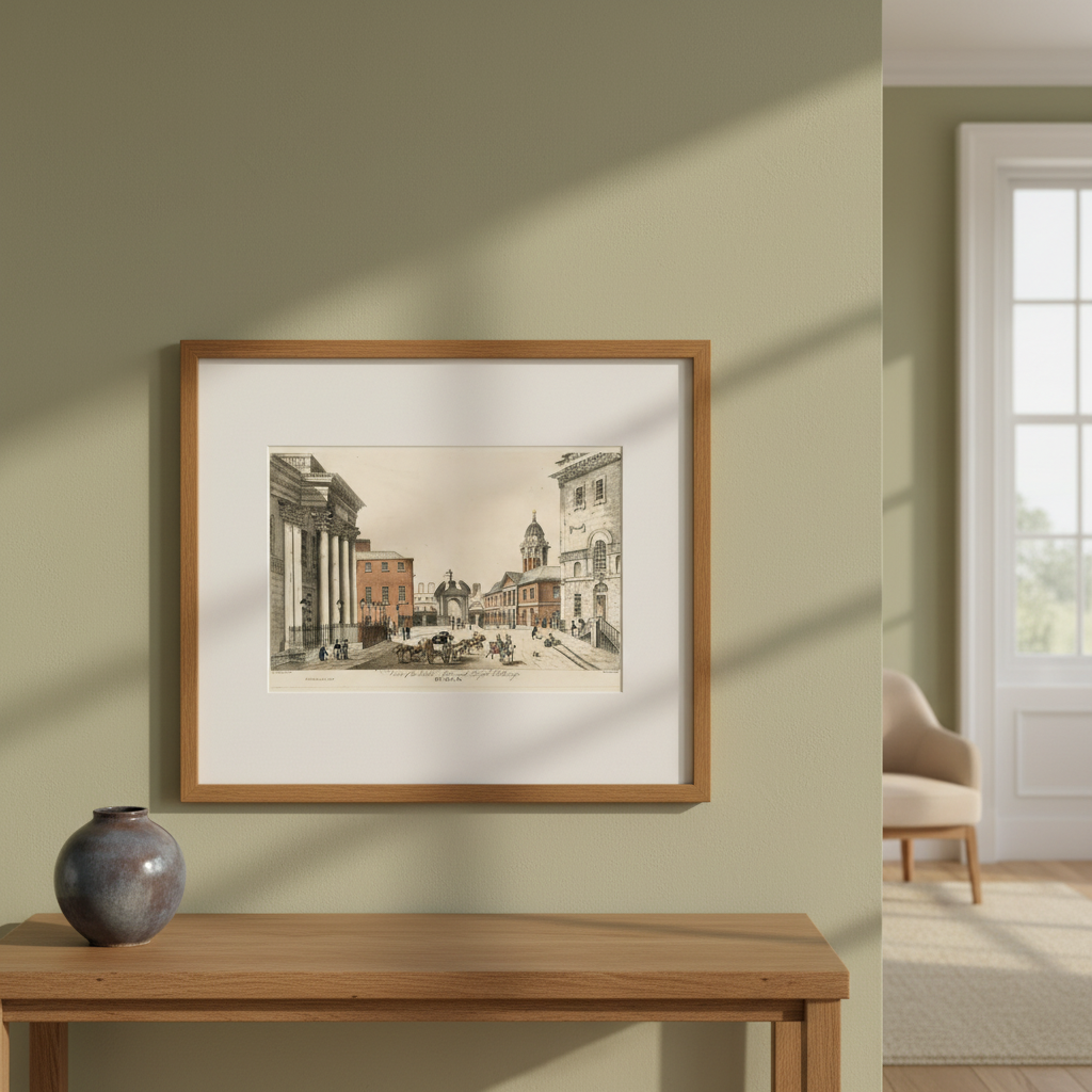 Dublin Castle Gate by Samuel Frederick Brocas and Henry Brocas in a wooden frame above a hall table