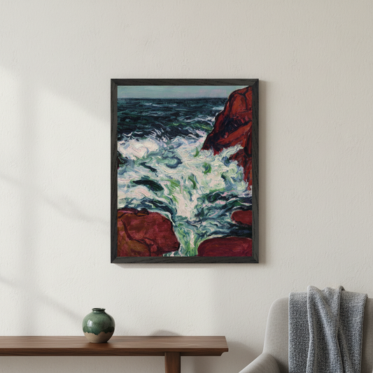 Marée Montante by Roderic O'Conor, crashing waves and red rocks, print in a black frame above a bench