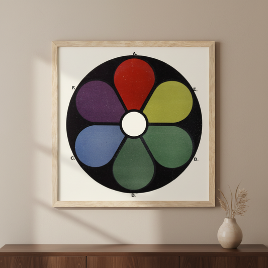 Darkened Shades of the Primaries by James Ward, colour wheel print in an oak frame above a sideboard