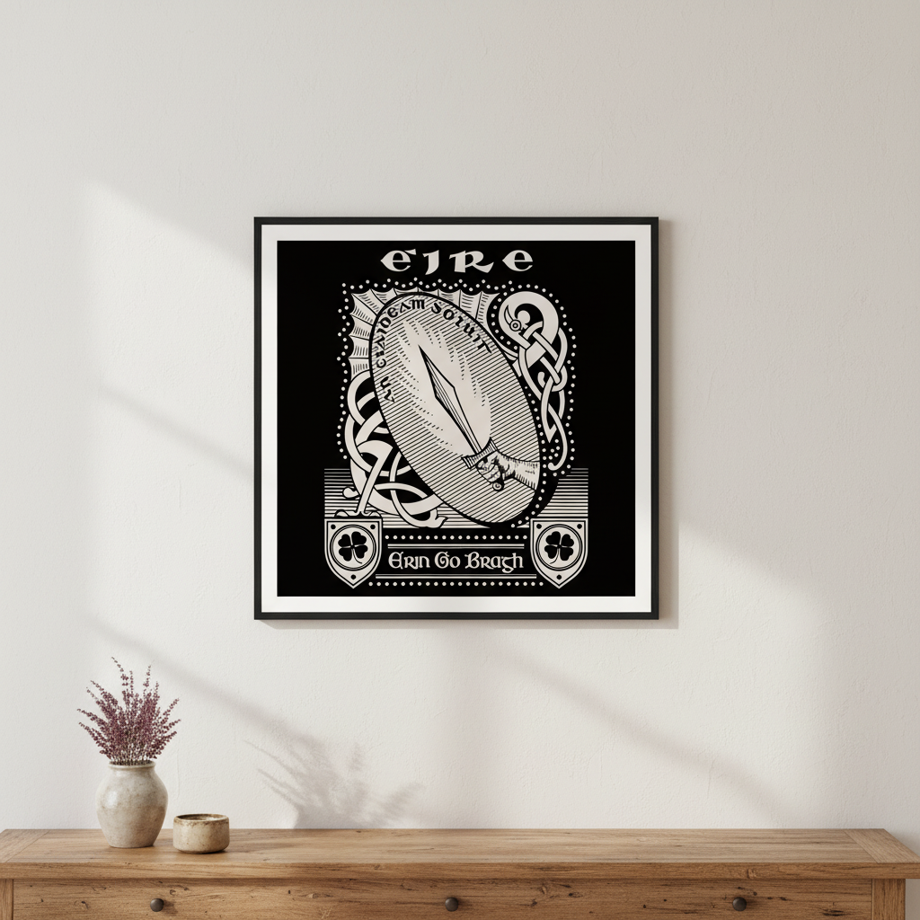 Erin Go Bragh Ireland Forever framed print in a black frame above a wooden shelf with dried flowers