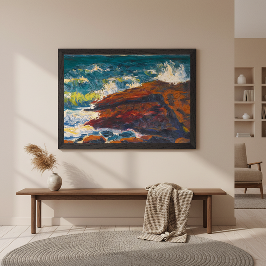 Roderic O'Conor Seascape framed print in a black frame above a wooden bench in a calm neutral room