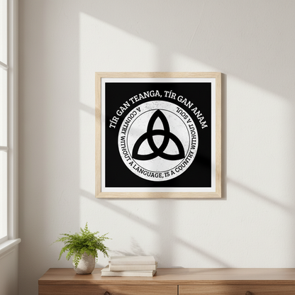 Tír gan Teanga, Tír gan Anam Irish language art print displayed in a bright Irish home interior