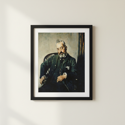 Timothy Healy by William Orpen in a slim black frame with a white mat on an off-white plaster wall