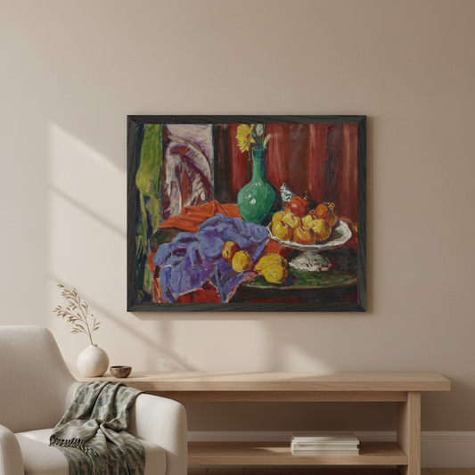 Still Life of Fruit and Green Vase by Roderic O'Conor in a black frame above an oak console beside an armchair
