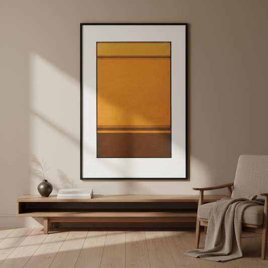 Harmony of Analogy by James Ward in a black frame with white mount above a low wooden bench