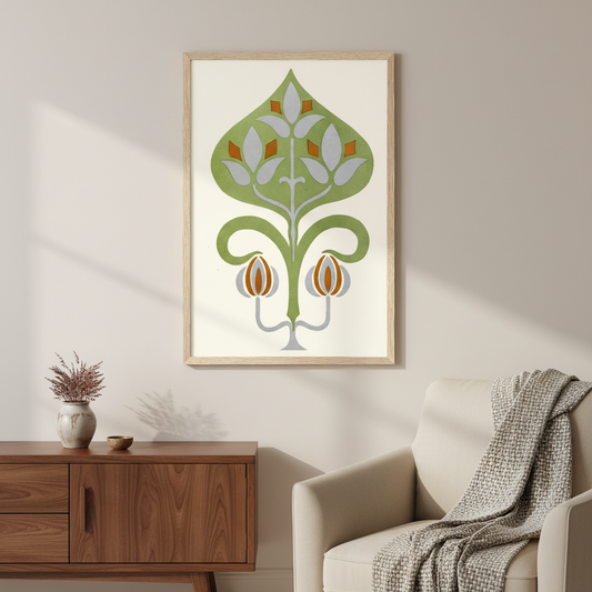 Harmony of Contrast by James Ward, green art nouveau plant design, framed in oak above a wooden sideboard beside an armchair