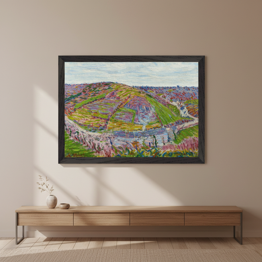 Paysage, Pont Aven (1892) by Roderic O'Conor framed print in a black frame above a low wooden sideboard