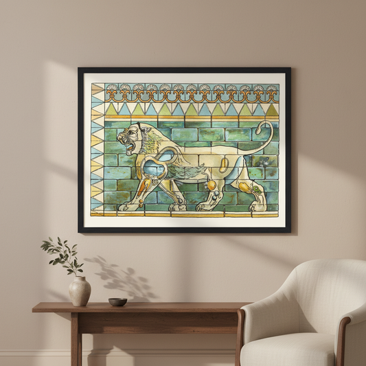 Lions Frieze, Palace of Susa by James Ward in a black frame above a wooden console beside a cream armchair