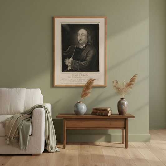 Turlough O’Carolan framed Irish bard art print displayed in an elegant Irish period-home living room