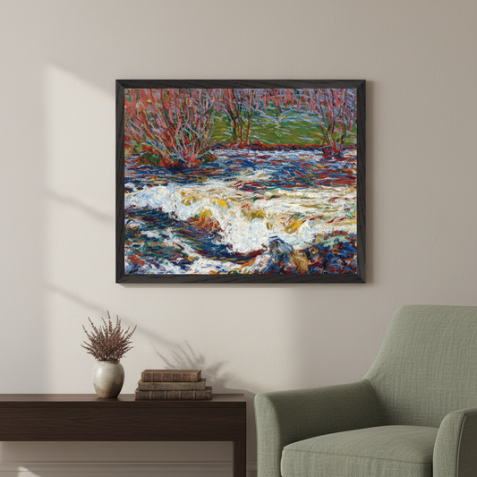 The Rushing Stream by Roderic O'Conor framed print in a black frame above a dark side table beside a green armchair