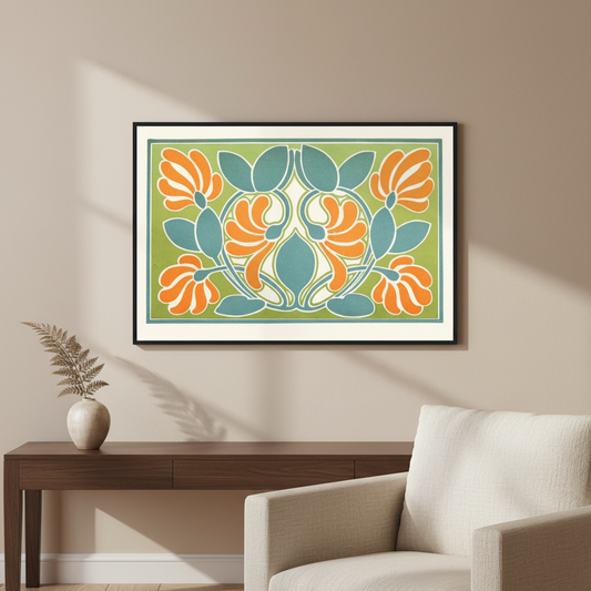 Harmonic Balance of Warm and Cold Colours framed print above a dark wood console beside an armchair