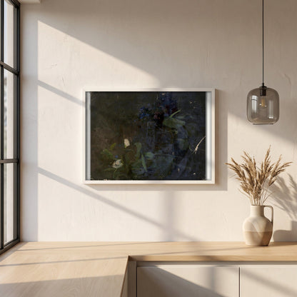 Impression of Flower Arrangement by Clare Marsh framed print in a white frame on a plaster wall above an oak worktop in a bright Scandinavian kitchen