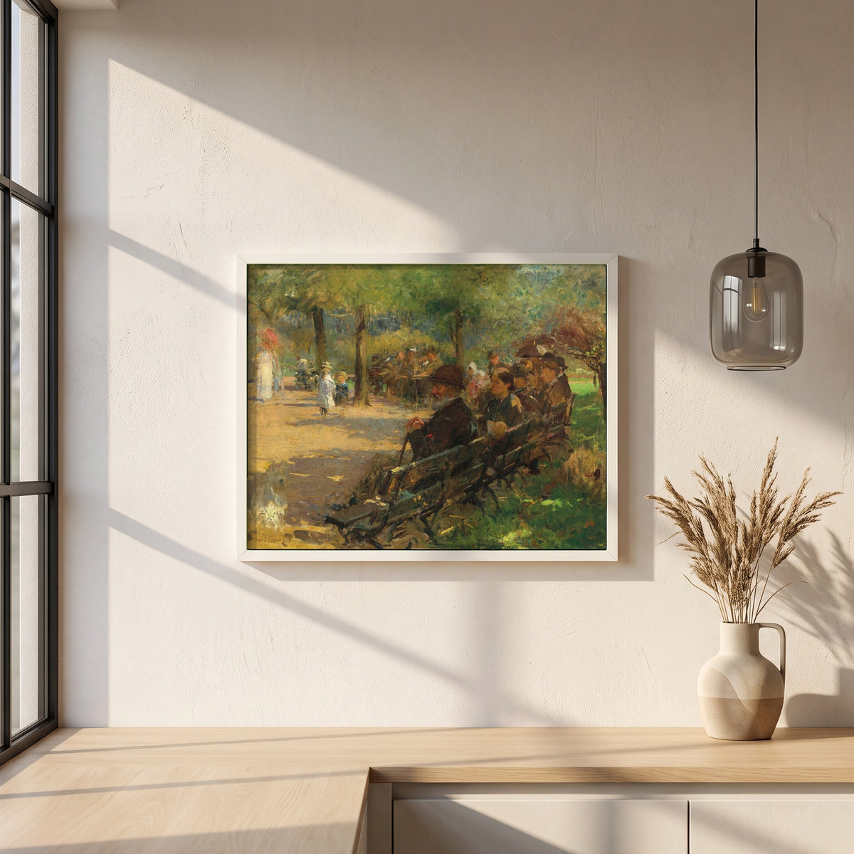 In a Dublin Park, Light and Shade framed print in a white frame on a plaster wall above an oak worktop in a bright Scandinavian kitchen
