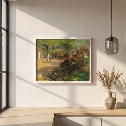 In a Dublin Park, Light and Shade framed print in a white frame on a plaster wall above an oak worktop in a bright Scandinavian kitchen