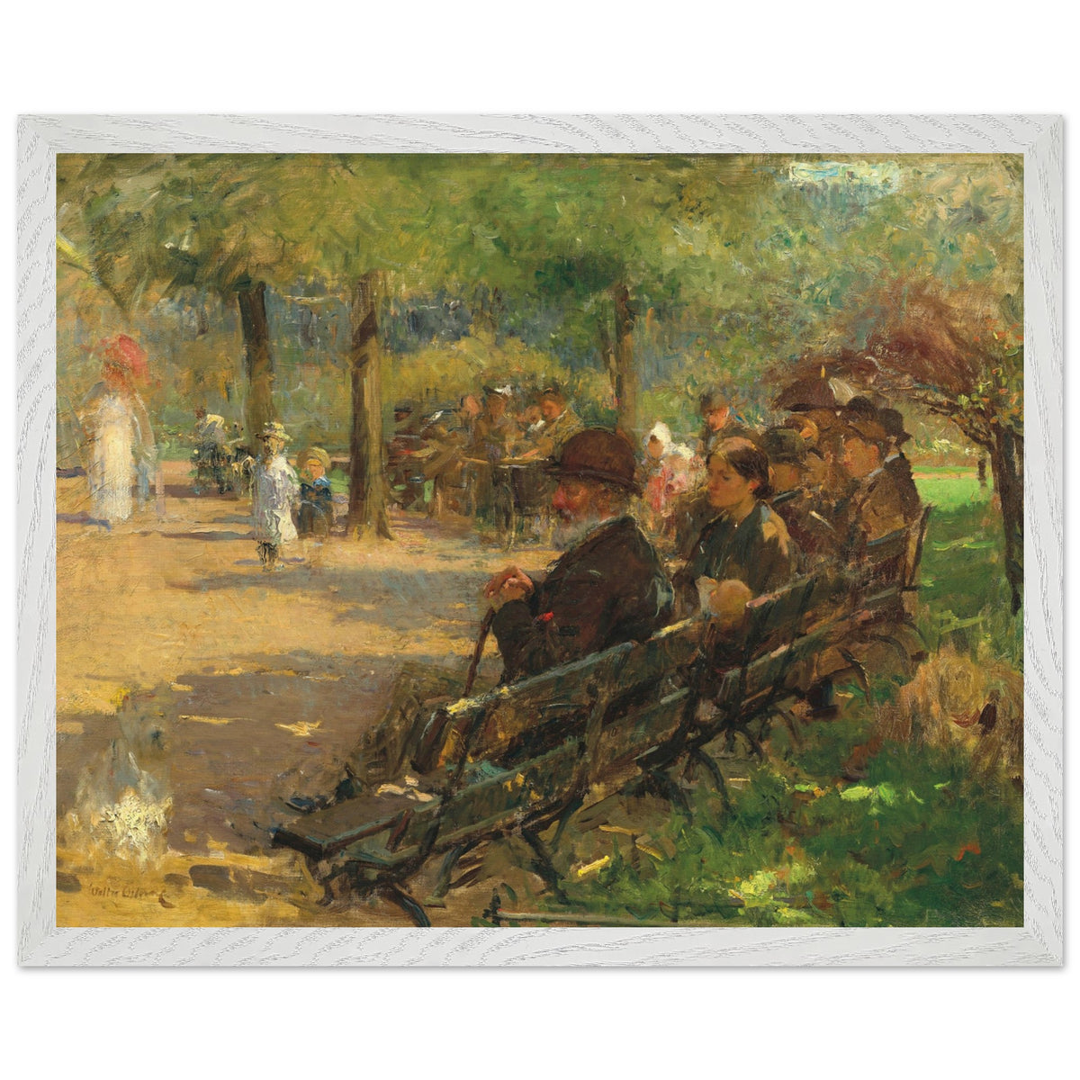 In a Dublin Park, Light and Shade (c.1895) by Walter Frederick Osborne — figures on a bench and a path under dappled light, 40×50 cm art print