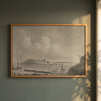 Ireland's Eye and Lambay Island from Howth framed print in a natural oak frame on a dark green wall beside a window, dappled plant shadow