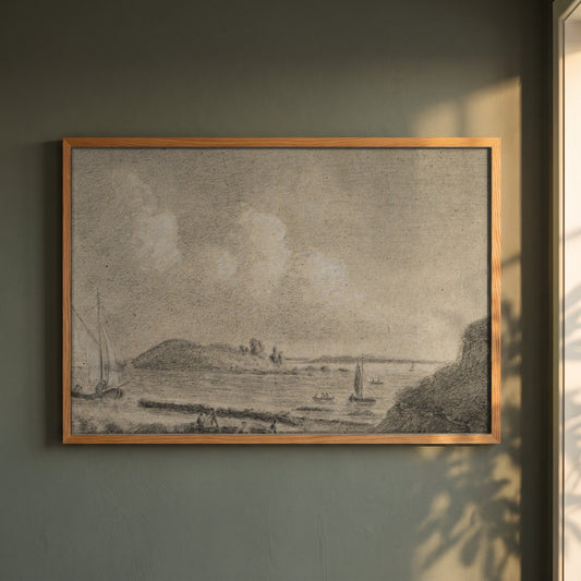 Ireland's Eye and Lambay Island from Howth framed print in a natural oak frame on a dark green wall beside a window, dappled plant shadow
