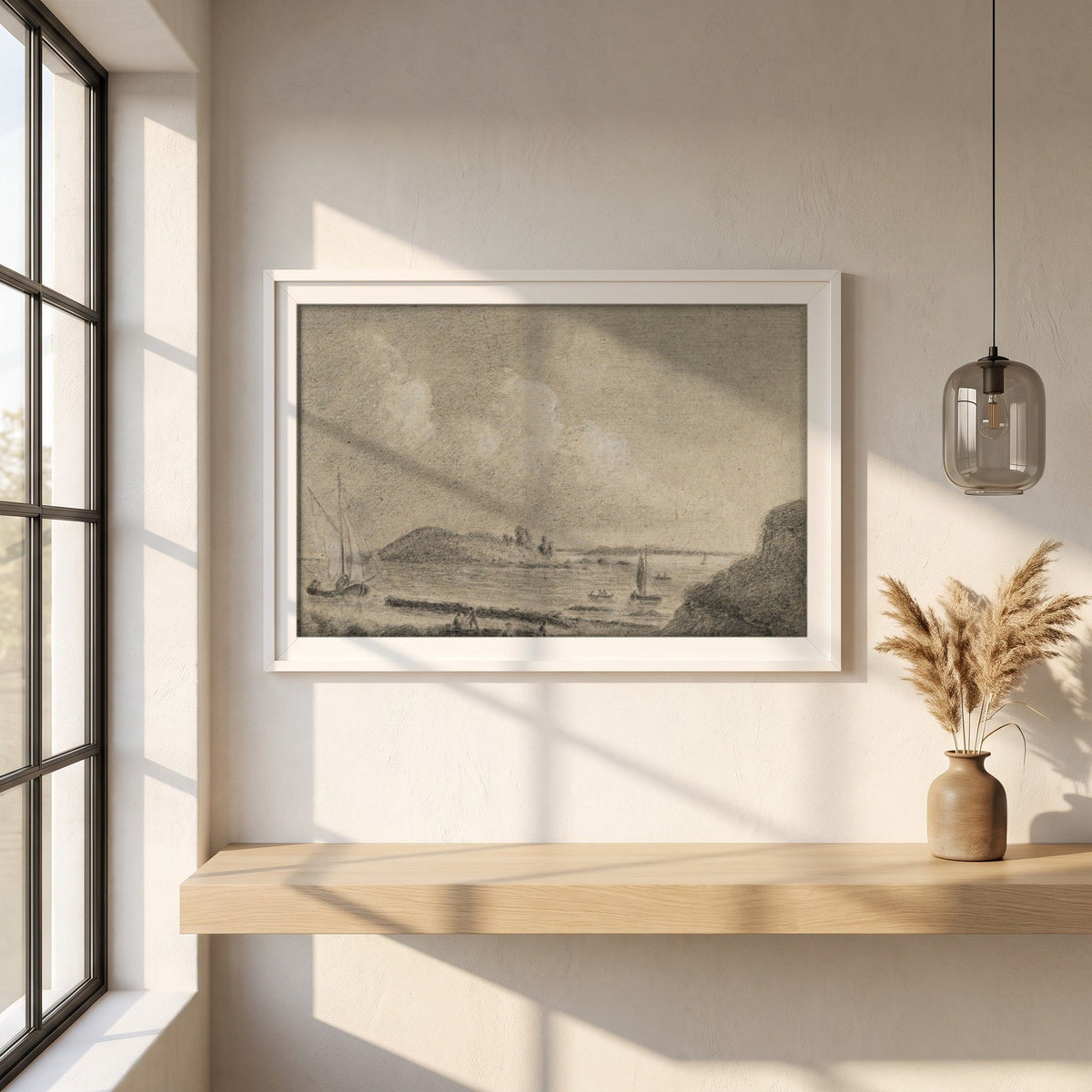 Ireland's Eye and Lambay Island from Howth framed print in a white frame on a plaster wall above an oak worktop in a bright Scandinavian kitchen
