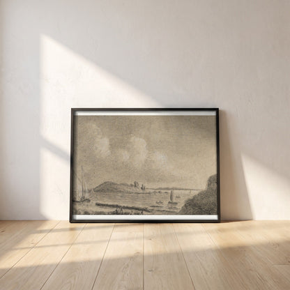 Ireland's Eye and Lambay Island from Howth framed print in a black frame leaning against a white plaster wall on oak floorboards in morning light