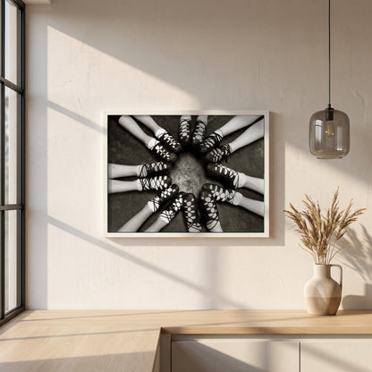 Irish Dancing Shoes Black & White framed print in a white frame on a plaster wall above an oak worktop in a bright Scandinavian kitchen