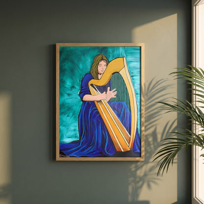 Irish Harp framed print in a natural oak frame on a dark green wall beside a window, dappled plant shadow