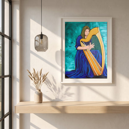 Irish Harp framed print in a white frame on a plaster wall above an oak worktop in a bright Scandinavian kitchen