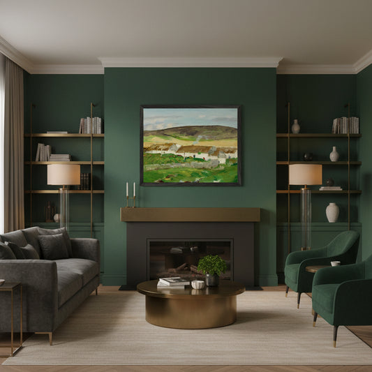 The White Cottage by Robert Henri in a black frame above a fireplace on a deep green wall