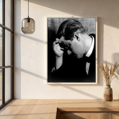 James Joyce Black & White framed print in a white frame on a plaster wall above an oak worktop in a bright Scandinavian kitchen