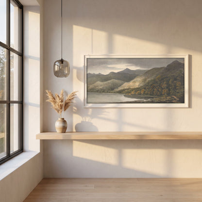 Killarney, Panoramic framed print in a white frame on a plaster wall above an oak worktop in a bright Scandinavian kitchen
