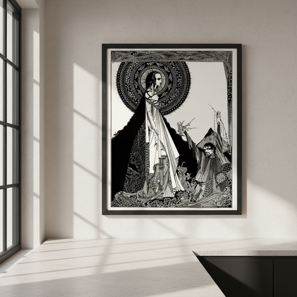 I Would Call Aloud by Harry Clarke in a black frame on a white wall in a bright room with a dark counter