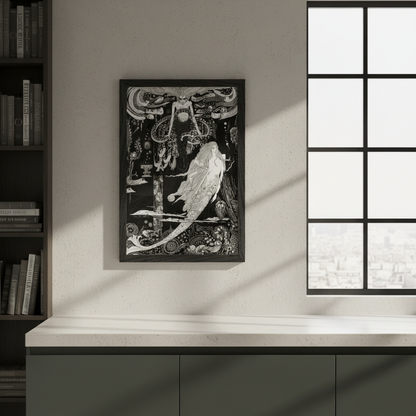 The Little Sea Maid by Harry Clarke framed print in a black frame above a white counter beside a window