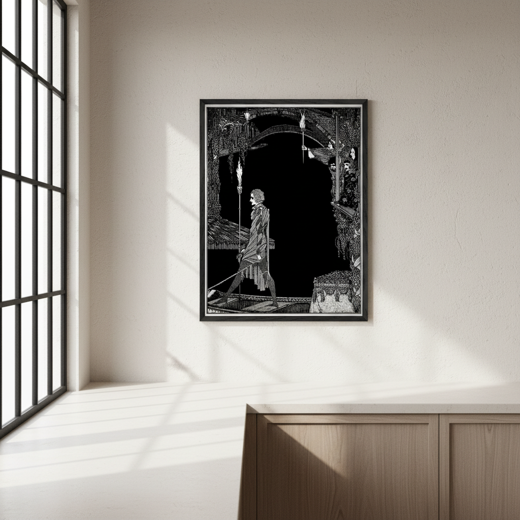 Myself No Power by Harry Clarke framed print in a black frame on a wall beside a tall window