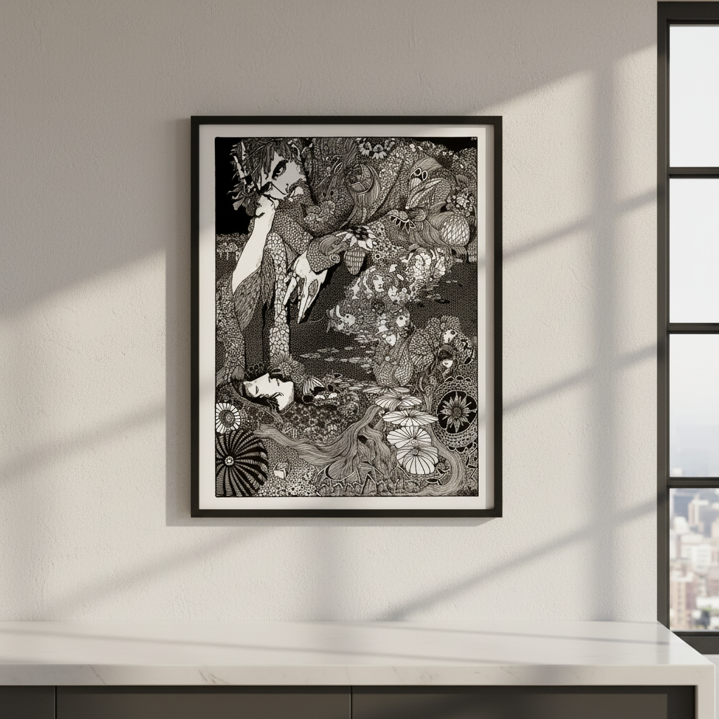 Harry Clarke The Earth Grew Dark framed print in a black frame above a white counter by a window