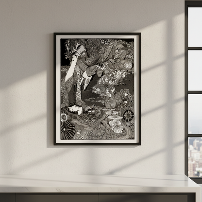 Harry Clarke The Earth Grew Dark framed print in a black frame above a white counter by a window