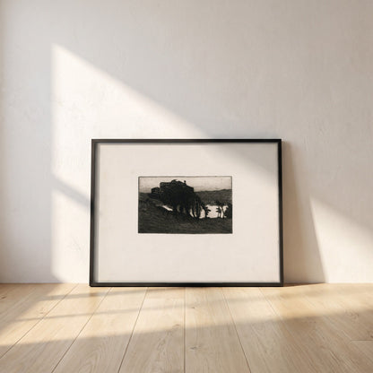 Landscape with Dark Trees and a River framed print in a black frame leaning against a white plaster wall on oak floorboards in morning light