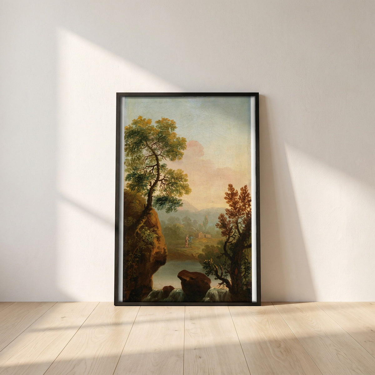 Landscape with Figures in the Background framed print in a black frame leaning against a white plaster wall on oak floorboards in morning light