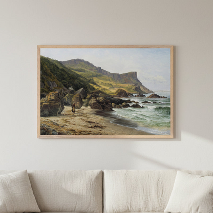 Large framed landscape print of Murlough Bay and Fair Head by Bartholomew Colles Watkins hanging above a soft neutral sofa, 60x90 cm horizontal Collector’s Edition, bright natural light, pale plaster walls, oak coffee table, subtle coastal Irish decor, focus on artwork. Buy Irish Art 