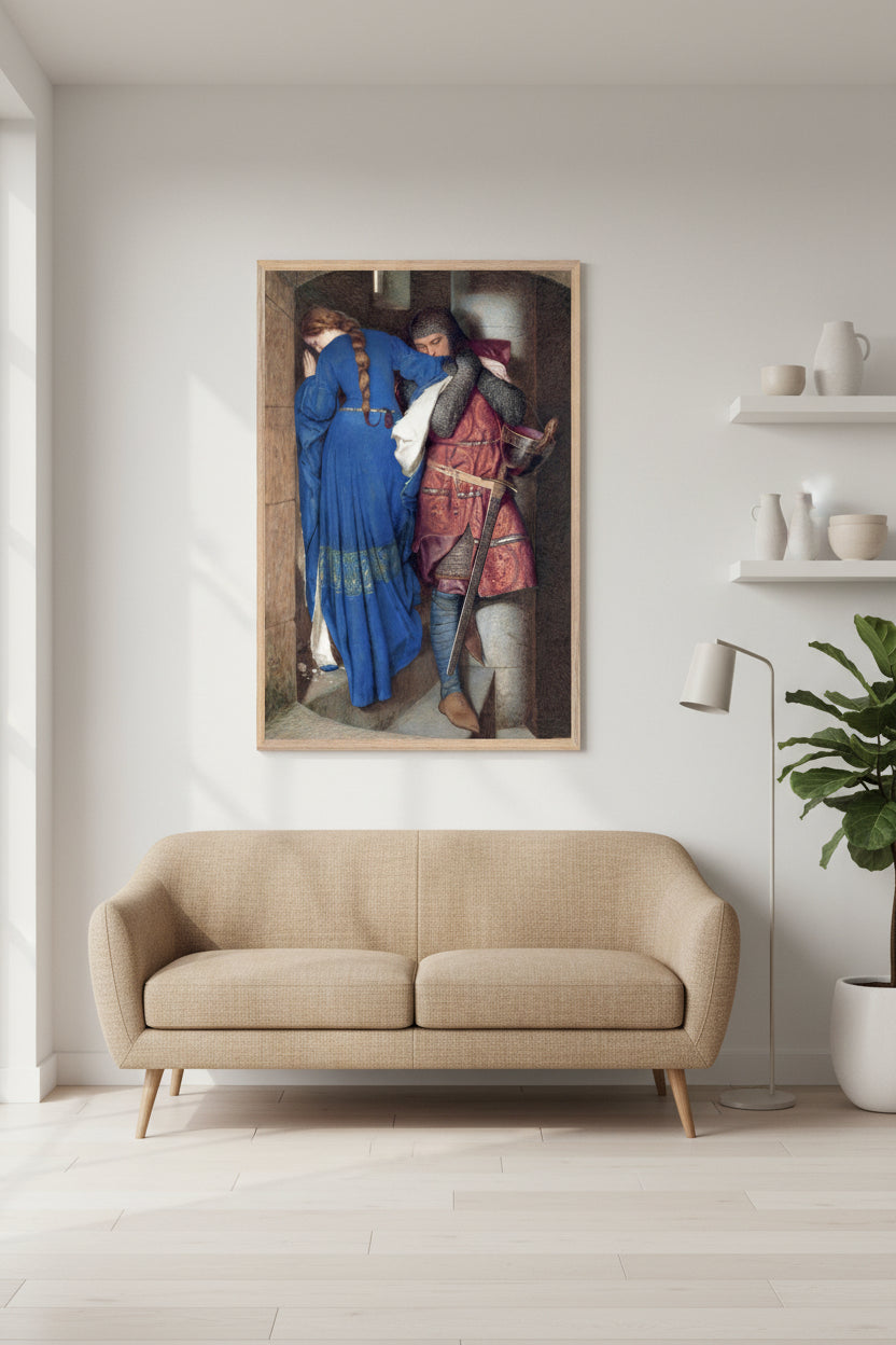 large framed art print of The Meeting on the Turret Stairs – Collector’s Edition Irish Art Print by Frederic William Burton in a natural oak frame, hanging above a low mid-century sofa in a bright Scandinavian living room, neutral walls, soft daylight, wooden floor, plants and simple ceramics, artwork colours vivid and accurate, Buy Irish Art