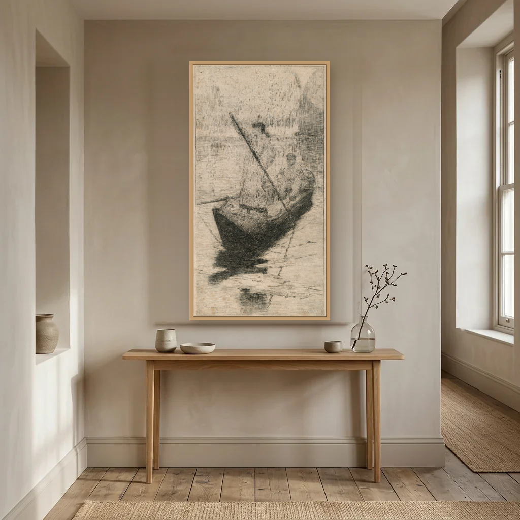 Figures in a Boat art print, framed and hung in a hallway