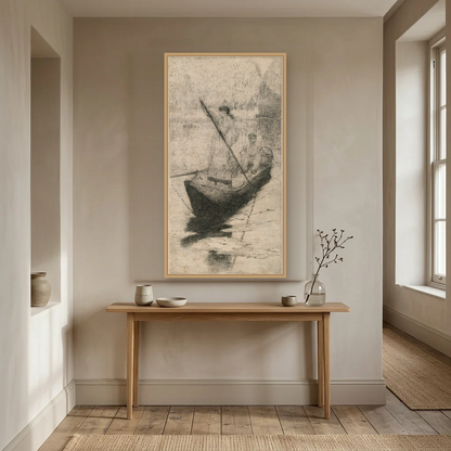 Figures in a Boat art print, framed and hung in a hallway