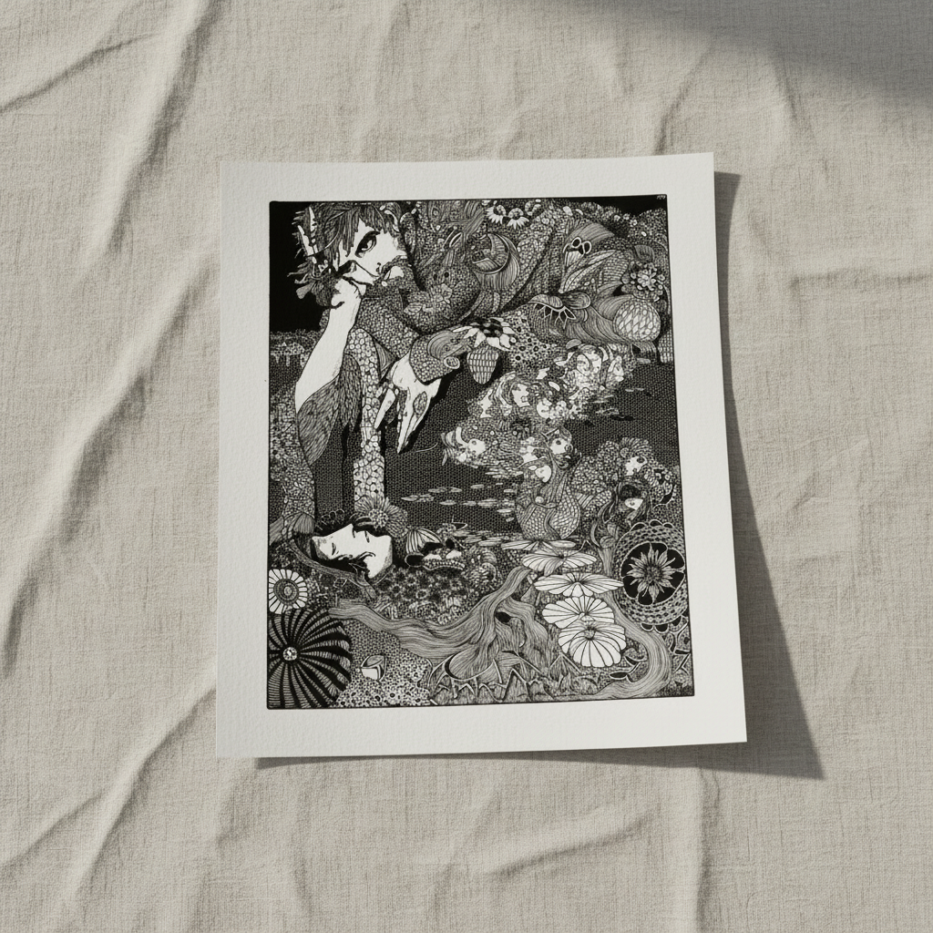 The Earth Grew Dark by Harry Clarke unframed print lying on crumpled linen
