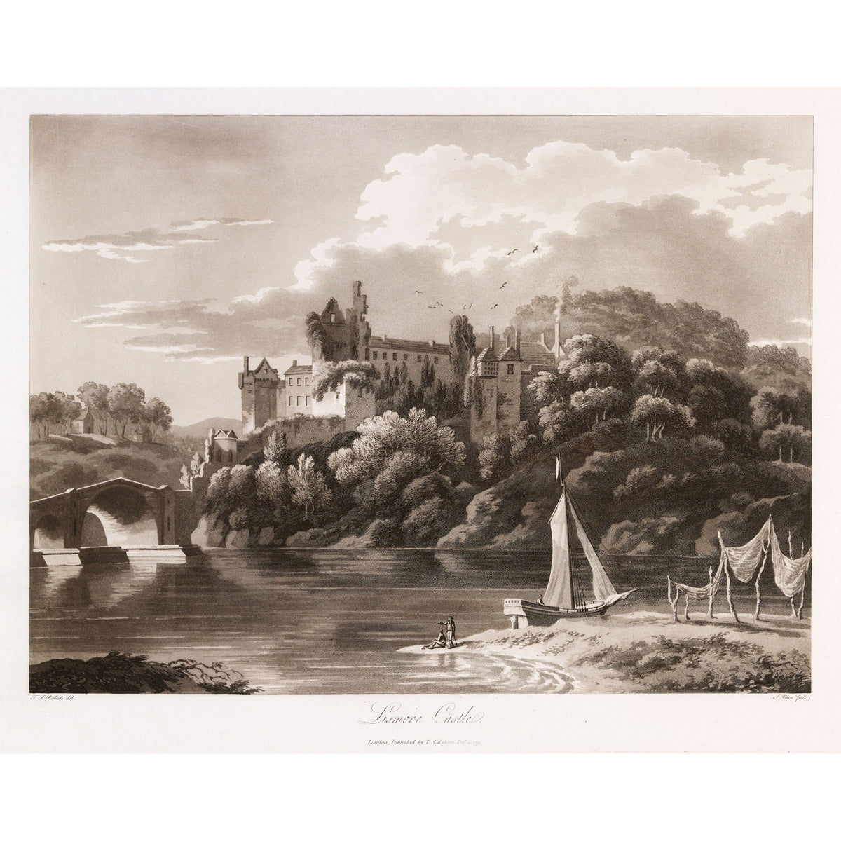 Lismore Castle above the Blackwater, 1790s aquatint by Thomas Sautelle Roberts, sepia river view