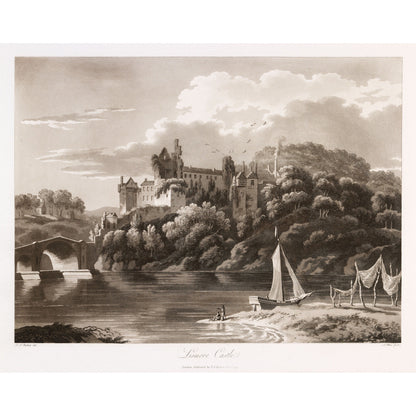 Lismore Castle above the Blackwater, 1790s aquatint by Thomas Sautelle Roberts, sepia river view