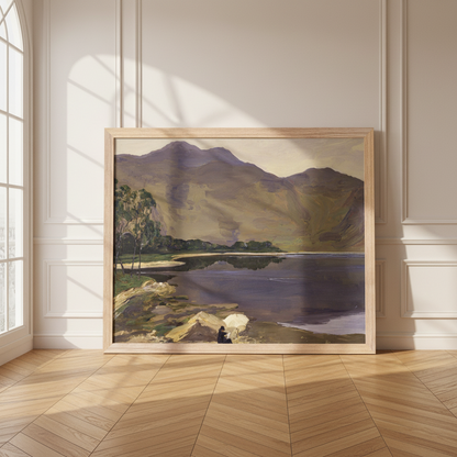Loch Katrine by Sir John Lavery in an oak frame leaning against a panelled wall in a sunlit room